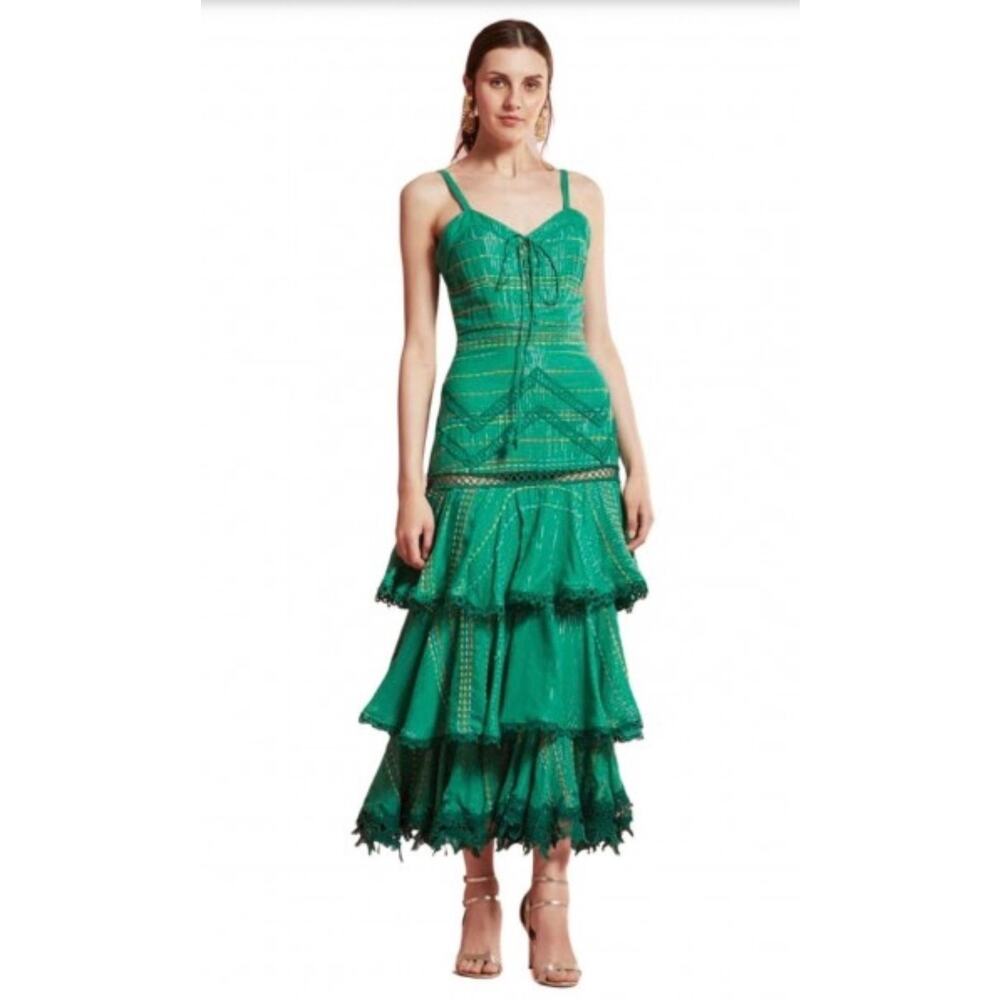 Hemant and Nandita Thea Tiered Sleeveless Lace Up Corset Maxi Dress Green Small